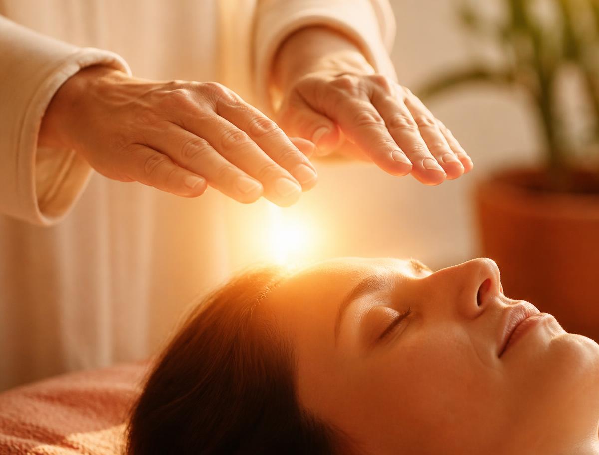 Manos aplicando Reiki con luz cálida
